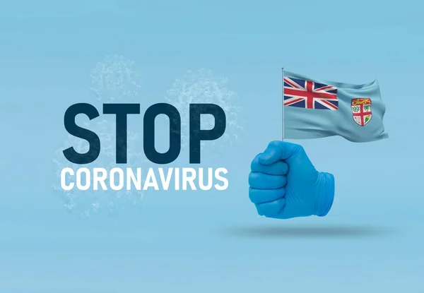 COVID-19 Visual concept - hand-text Stop Coronavirus, hand-gesture versus virus infection, clenched fist holds flag of Fiji. Pandemic 3D illustration. — Stock Photo, Image