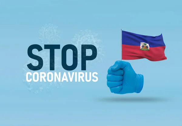 COVID-19 Visual concept - hand-text Stop Coronavirus, hand-gesture versus virus infection, clenched fist holds flag of Haiti. Pandemic 3D illustration. — Stock Photo, Image