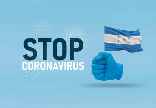 COVID-19 Visual concept - hand-text Stop Coronavirus, hand-gesture versus virus infection, clenched fist holds flag of Honduras. Pandemic 3D illustration. — Stock Photo, Image