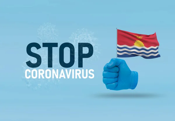 COVID-19 Visual concept - hand-text Stop Coronavirus, hand-gesture versus virus infection, clenched fist holds flag of Kiribati. Pandemic 3D illustration. — Stock Photo, Image