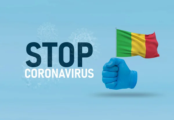 COVID-19 Visual concept - hand-text Stop Coronavirus, hand-gesture versus virus infection, clenched fist holds flag of Mali. Pandemic 3D illustration. — Stock Photo, Image