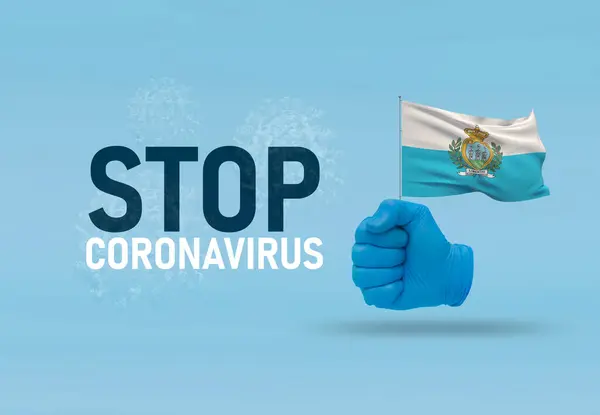 COVID-19 Visual concept - hand-text Stop Coronavirus, hand-gesture versus virus infection, clenched fist holds flag of San Marino. Pandemic 3D illustration. — Stock Photo, Image