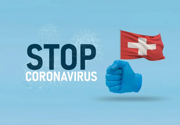 COVID-19 Visual concept - hand-text Stop Coronavirus, hand-gesture versus virus infection, clenched fist holds flag of Switzerland. Pandemic 3D illustration. — Stock Photo, Image