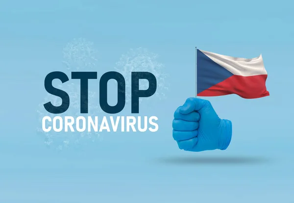 COVID-19 Visual concept - hand-text Stop Coronavirus, hand-gesture versus virus infection, clenched fist holds flag of Czech Republic. Pandemic 3D illustration. — Stock Photo, Image