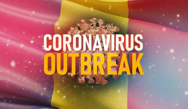 Coronavirus COVID-19 concepto de brote, virus que amenaza la salud, antecedentes ondeando la bandera nacional de Chad. Detención pandémica Nuevo brote de Coronavirus covid-19 Ilustración 3D . — Foto de Stock