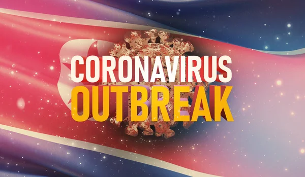 Coronavirus COVID-19 concepto de brote, virus que amenaza la salud, antecedentes ondeando la bandera nacional de Corea del Norte. Detención pandémica Nuevo brote de Coronavirus covid-19 Ilustración 3D . — Foto de Stock
