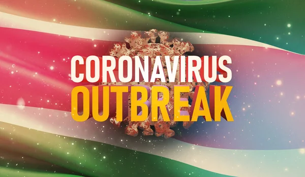 Концепция вспышки коронавируса COVID-19, вирус, угрожающий здоровью, фон, размахивающий национальным флагом Суринама. Пандемия остановила вспышку вируса ковид-19 3D иллюстрация . — стоковое фото