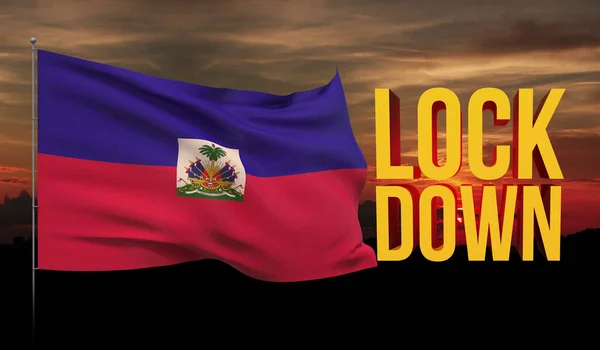 Coronavirus COVID-19 lockdown concept with waving national flag of Haiti. Pandemic 3D illustration. — Stock Photo, Image