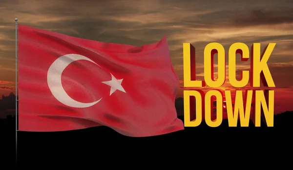 Coronavirus COVID-19 Lockdown-Konzept mit schwenkender Nationalflagge der Türkei. 3D-Abbildung zur Pandemie. — Stockfoto