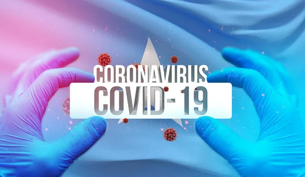 Ιατρική Έννοια της πανδημίας του Coronavirus COVID-19 ξέσπασμα με backgroung κυματίζει εθνική σημαία της Σομαλίας. Πανδημική τρισδιάστατη απεικόνιση. — Φωτογραφία Αρχείου