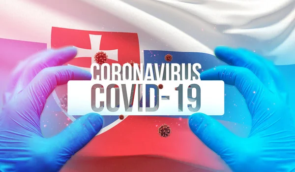 Medicinskt koncept för pandemisk Coronavirus COVID-19 utbrott med backgroung av viftande nationell flagga Slovakien. Pandemisk 3D-illustration. — Stockfoto