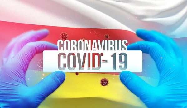 Medical Concept of pandemic Coronavirus COVID-19 disease with backgroung of wwing national flag of South Osetia. Pandemická 3D ilustrace. — Stock fotografie