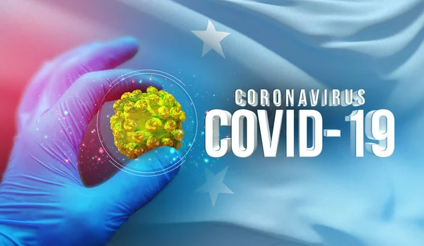 Coronavirus COVID-19 járványkitörés koncepció, egészséget veszélyeztető vírus, háttér lengő nemzeti zászló Mikronézia. Pandémiás stop Novel Coronavirus járvány covid-19 3D illusztráció. — Stock Fotó