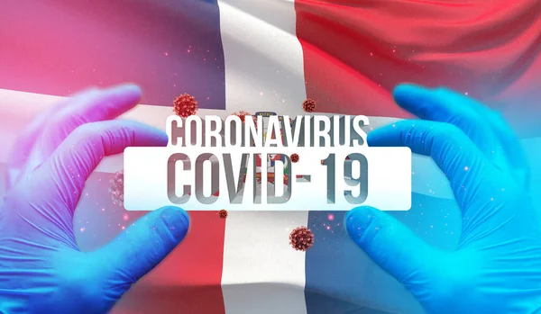 Ιατρική έννοια της πανδημίας Coronavirus COVID-19 ξέσπασμα με backgroung κυματίζει εθνική σημαία της Δομινικανής Δημοκρατίας. Πανδημική τρισδιάστατη απεικόνιση. — Φωτογραφία Αρχείου