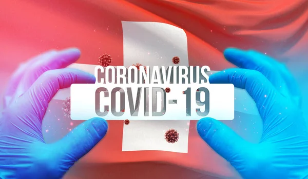 Conceito Médico de pandemia Coronavirus COVID-19 surto com backgroung de acenando bandeira nacional da Suíça. Ilustração 3D pandêmica . — Fotografia de Stock