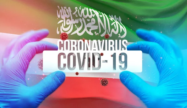 Medical Concept of pandemic Coronavirus COVID-19 disease with backgroung of wwing national flag of Somaliland. Pandemická 3D ilustrace. — Stock fotografie