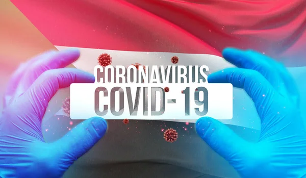 Conceito Médico de pandemia Coronavirus COVID-19 surto com backgroung de acenando bandeira nacional do Sudão. Ilustração 3D pandêmica . — Fotografia de Stock