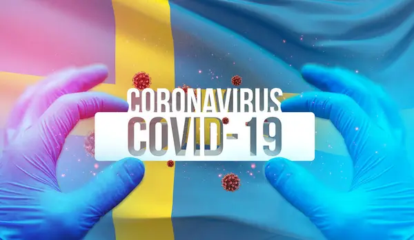 Coronavirus COVID-19大流行的医学概念，背景是挥动瑞典国旗。大流行病3D说明. — 图库照片