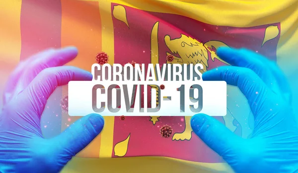 Conceito Médico de pandemia Coronavirus COVID-19 surto com backgroung de acenando bandeira nacional do Sri Lanka. Ilustração 3D pandêmica . — Fotografia de Stock