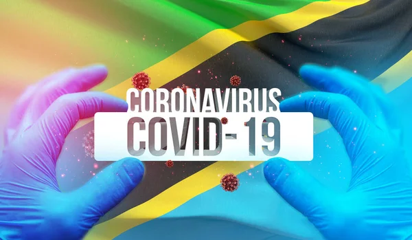 Concetto medico di epidemia pandemica di Coronavirus COVID-19 con sfondo di sventolare bandiera nazionale della Tanzania. Illustrazione 3D pandemica . — Foto Stock