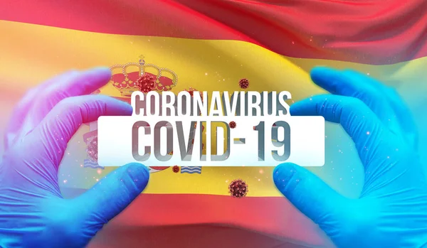 Medisch concept van pandemische Coronavirus COVID-19 uitbraak met achtergrond van zwaaiende nationale vlag van Spanje. Pandemische 3D illustratie. — Stockfoto