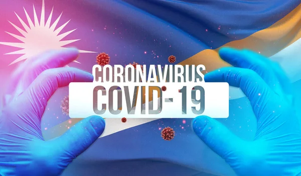 Ιατρική Έννοια της πανδημίας του Coronavirus COVID-19 ξέσπασμα με backgroung κυματίζει εθνική σημαία των Νήσων Μάρσαλ. Πανδημική τρισδιάστατη απεικόνιση. — Φωτογραφία Αρχείου