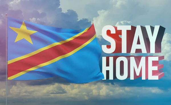Stay home stay safe - letter typography 3D text for self quarantine times concept with flag of Democratic Republic of the Congo. 3D illustration.