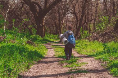 Tek başına gezen, bahar ormanlarında yürüyüş yapan genç bir çocuk, patikadan aşağı doğru gidiyor.