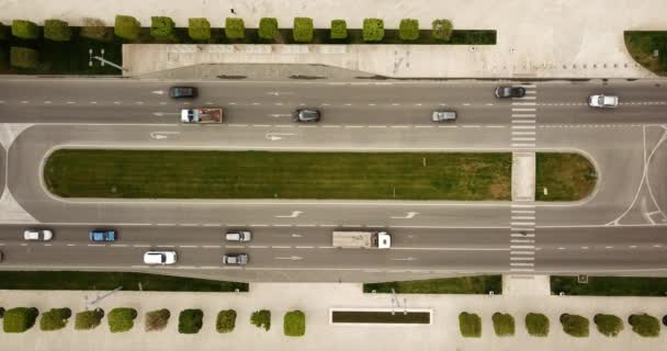 Top down aerial view of freeway busy city road traffic jam highway. — Stock Video