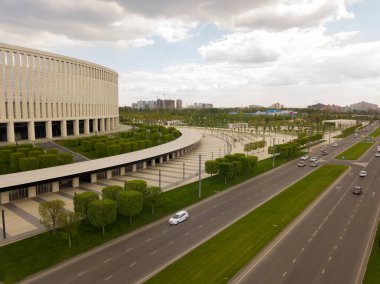 Krasnodar, Rusya - Nisan 2020: Krasnodar şehir manzarası ve FC Krasnodar stadyumu