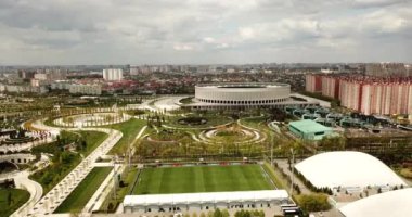 Krasnodar, Rusya - Nisan 2020: Krasnodar şehir manzarası ve FC Krasnodar stadyumu