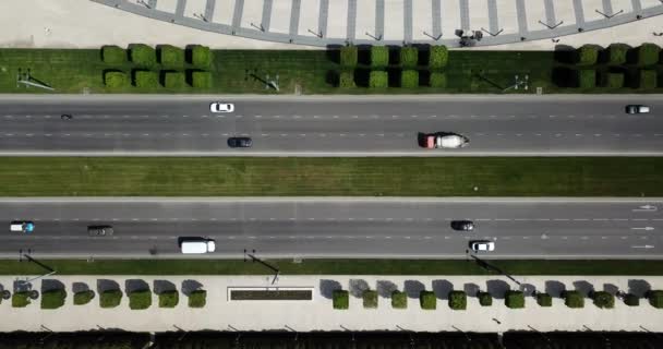 Top down aerial city view of freeway busy city road traffic jam highway. — Stock Video
