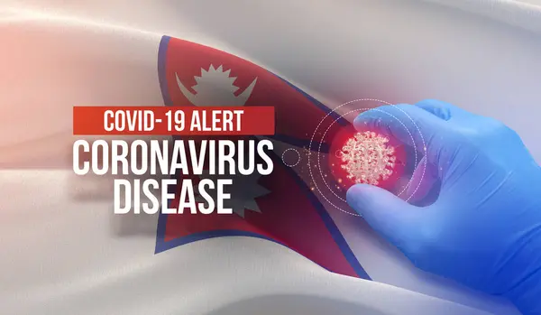 COVID-19 alert, coronavirus ziekte - letter typografie tekst. Medisch virus moleculair concept met vlag van Nepal. 3D illustratie. — Stockfoto