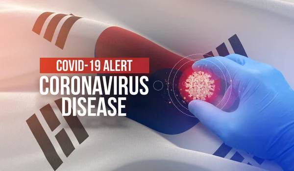 COVID-19 allerta, malattia coronavirica - lettera tipografia testo. Concetto molecolare di virus medico con bandiera della Corea del Sud. Illustrazione 3D . — Foto Stock