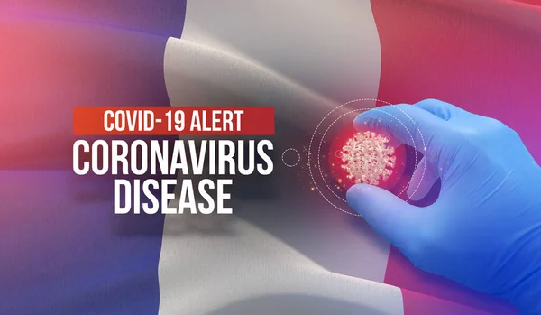 Alerta COVID-19, enfermedad coronavirus - texto tipográfico carta. Concepto molecular del virus médico con bandera de Francia. Ilustración 3D . —  Fotos de Stock