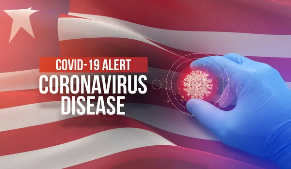 COVID-19 allerta, malattia coronavirica - lettera tipografia testo. Concetto molecolare di virus medico con bandiera della Liberia. Illustrazione 3D . — Foto Stock