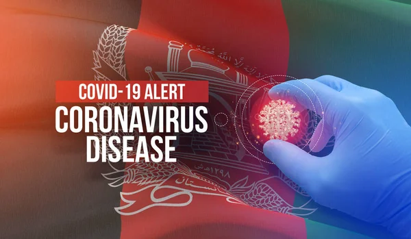COVID-19 allerta, malattia coronavirica - lettera tipografia testo. Concetto molecolare di virus medico con bandiera dell'Afghanistan. Illustrazione 3D . — Foto Stock