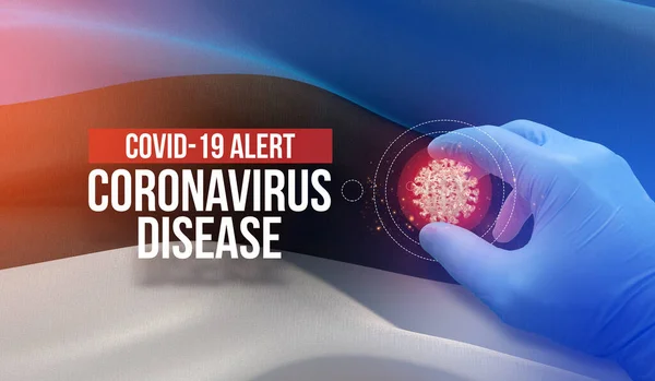 Alerta COVID-19, enfermedad coronavirus - texto tipográfico carta. Concepto molecular del virus médico con bandera de Estonia. Ilustración 3D pandémica . —  Fotos de Stock