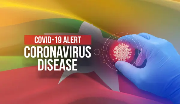 COVID-19 - тривожна, коронавірусна хвороба - текст з літерами. Молекулярна концепція медичного вірусу з прапором М'янми. 3D ілюстрація. — стокове фото