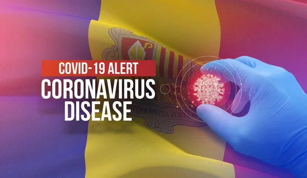 COVID-19 allerta, malattia coronavirica - lettera tipografia testo. Concetto molecolare di virus medico con bandiera di Andorra. Illustrazione 3D . — Foto Stock
