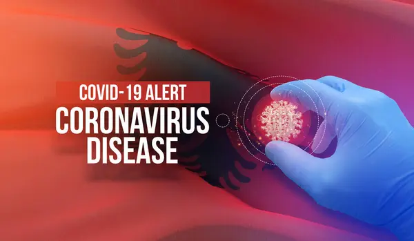 COVID-19 allerta, malattia coronavirica - lettera tipografia testo. Concetto molecolare di virus medico con bandiera albanese. Illustrazione 3D . — Foto Stock