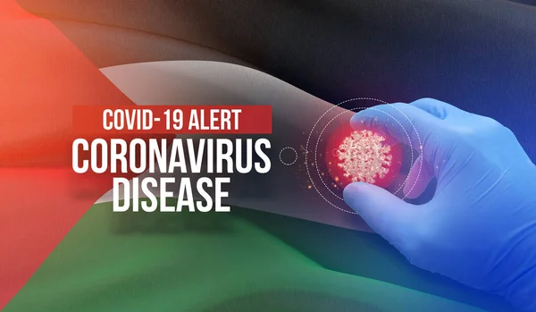 COVID-19 allerta, malattia coronavirica - lettera tipografia testo. Concetto molecolare di virus medico con bandiera della Palestina. Illustrazione 3D . — Foto Stock