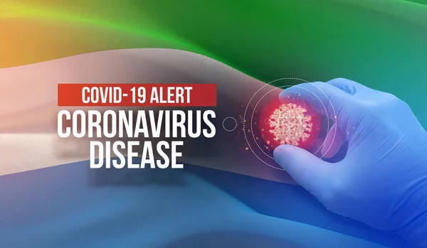 Alerta COVID-19, enfermedad coronavirus - texto tipográfico carta. Concepto molecular del virus médico con bandera de Sierra Leona. Ilustración 3D . —  Fotos de Stock