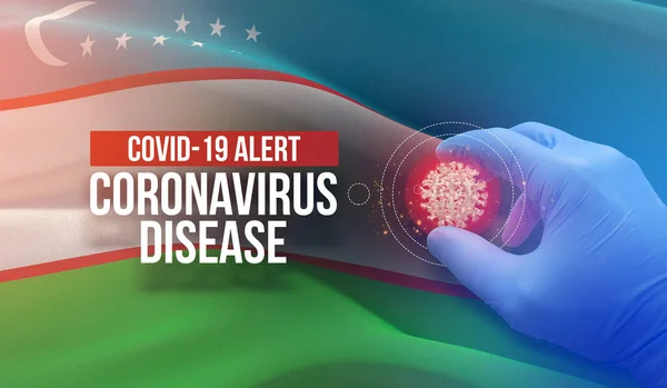 COVID-19 allerta, malattia coronavirica - lettera tipografia testo. Concetto molecolare di virus medico con bandiera dell'Uzbekistan. Illustrazione 3D . — Foto Stock