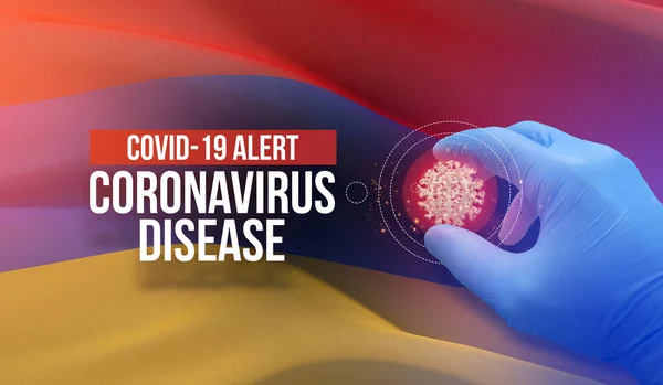 COVID-19 allerta, malattia coronavirica - lettera tipografia testo. Concetto molecolare di virus medico con bandiera dell'Armenia. Illustrazione 3D . — Foto Stock