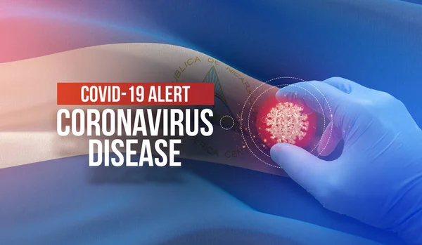 COVID-19 allerta, malattia coronavirica - lettera tipografia testo. Concetto molecolare di virus medico con bandiera del Nicaragua. Illustrazione 3D . — Foto Stock