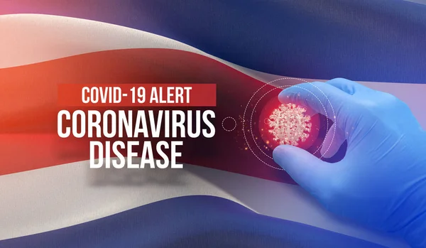 Συναγερμός COVID-19, ασθένεια coronavirus - τυπογραφικό κείμενο γραμμάτων. Ιατρική μοριακή έννοια του ιού με σημαία της Κόστα Ρίκα. Πανδημική τρισδιάστατη απεικόνιση. — Φωτογραφία Αρχείου