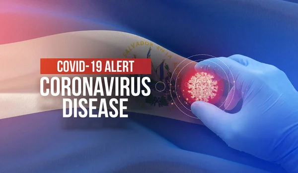COVID-19 alert, coronavirus disease - letter typography text. Lékařský virový molekulární koncept s vlajkou Salvadoru. Pandemická 3D ilustrace. — Stock fotografie