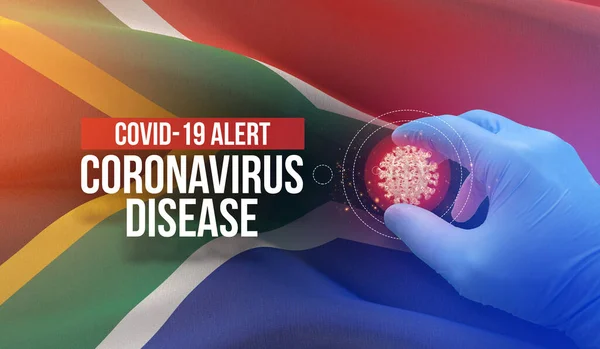 COVID-19 allerta, malattia coronavirica - lettera tipografia testo. Concetto molecolare di virus medico con bandiera del Sudafrica. Illustrazione 3D . — Foto Stock