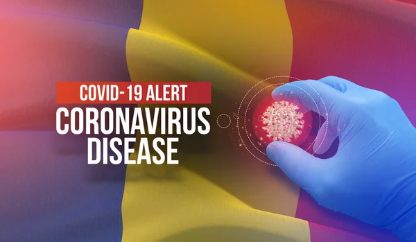 COVID-19 allerta, malattia coronavirica - lettera tipografia testo. Concetto molecolare di virus medico con bandiera della Romania. Illustrazione 3D . — Foto Stock